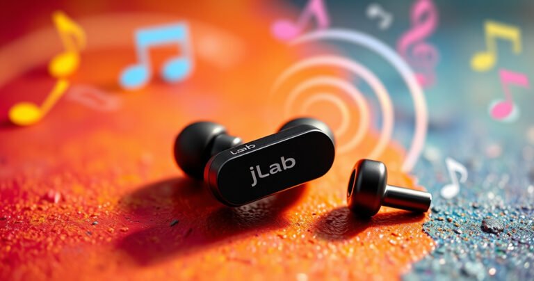 A close-up of sleek JLab earbuds resting on a vibrant, textured surface, surrounded by colorful sound waves emanating from them. Soft light highlights the earbuds' modern design, while the background features abstract musical notes and symbols, creating an energetic and inviting atmosphere that emphasizes connectivity and sound enjoyment.