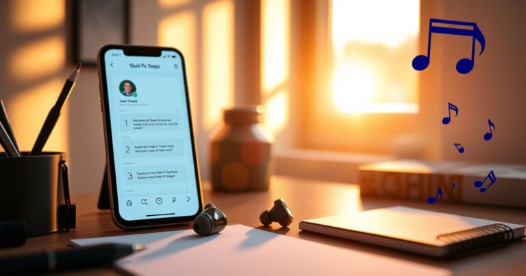 A pair of sleek JLab earbuds glowing softly in a cozy, minimalist workspace, surrounded by vibrant notes and a smartphone displaying quick fix steps. Warm sunlight filters through a nearby window, casting gentle shadows, while subtle hints of technology and music notes float around, creating an inviting atmosphere for tech enthusiasts.