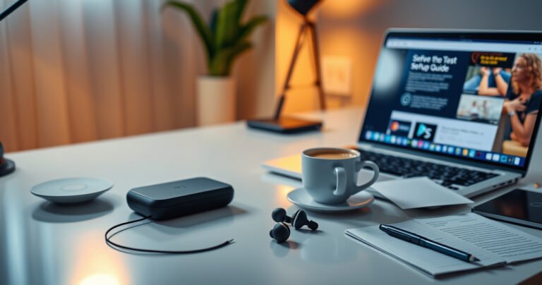 An elegant workspace with Jabra earbuds prominently displayed on a sleek desk, soft ambient lighting casting a warm glow. Nearby, a modern laptop shows a vibrant setup guide on the screen. A steaming cup of coffee and scattered notes add a cozy touch, inviting readers into a seamless tech experience.