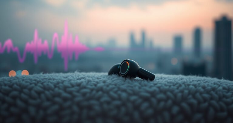A close-up of sleek Raycon earbuds resting on a soft, plush surface, surrounded by vibrant soundwave patterns fading into silence. The earbuds glow softly, with a backdrop of a tranquil, muted cityscape, symbolizing peace amidst urban chaos. Subtle hints of technology and comfort intertwine, inviting viewers into a world of serenity and sound isolation.