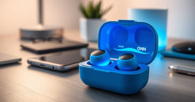 A close-up of sleek ONN earbuds in a vibrant blue charging case, surrounded by a soft, glowing light. The background features a minimalist workspace with a smartphone displaying a Bluetooth connection screen, while hints of modern tech gadgets and a cozy atmosphere enhance the scene, inviting readers into the world of easy connectivity.