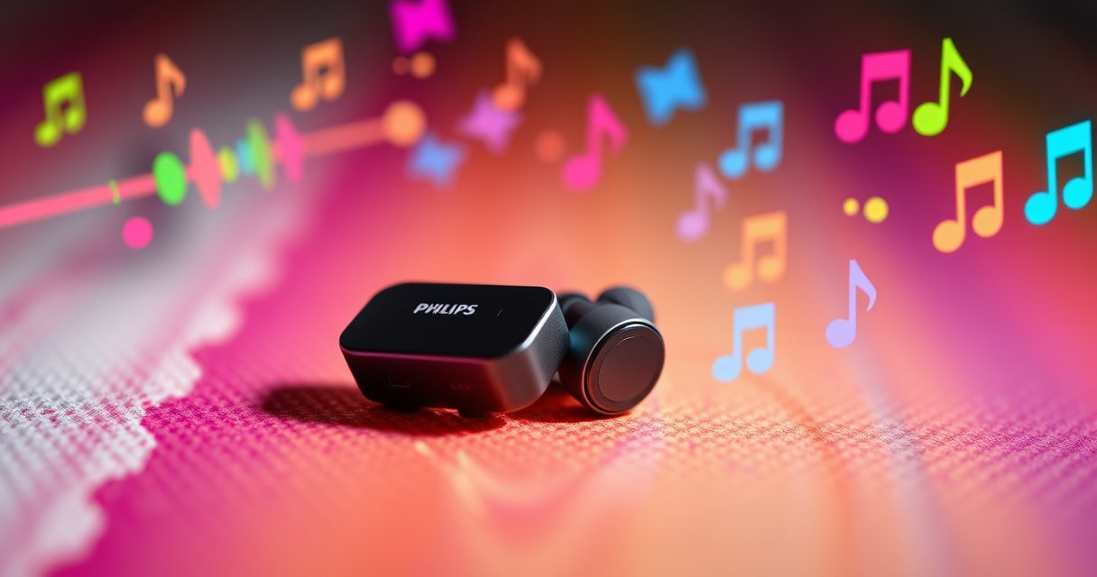 A close-up of sleek Philips wireless earbuds resting on a vibrant, textured surface, with a soft glow highlighting their modern design. Surrounding them are colorful sound waves and digital icons representing connectivity and music, creating an energetic and inviting atmosphere that emphasizes ease of use and modern technology.