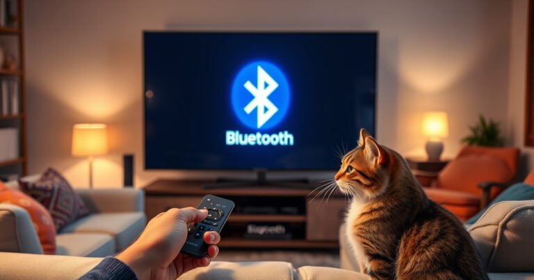 A cozy living room featuring a modern Samsung Smart TV displaying a vibrant Bluetooth symbol, with a sleek remote control in hand, soft ambient lighting casting a warm glow, and a comfortable couch adorned with colorful cushions, inviting a sense of connection and technology, while a curious cat watches intently nearby.