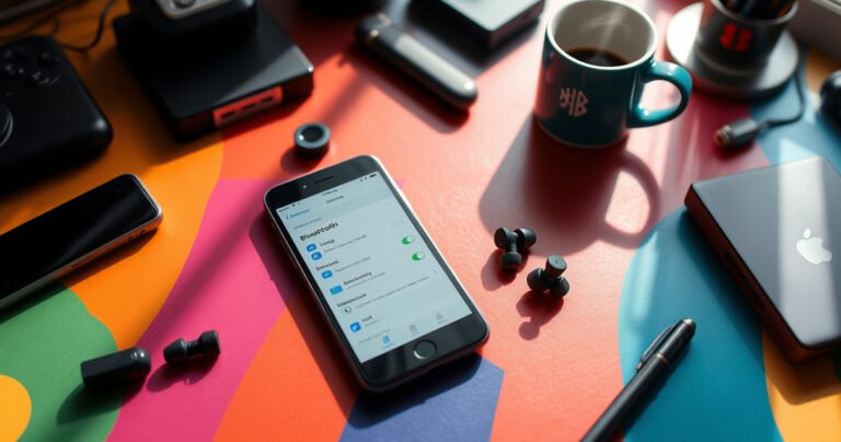 A vibrant flat lay of Skullcandy wireless earbuds resting on a colorful desk, surrounded by a smartphone displaying the Bluetooth settings, a steaming coffee cup, and scattered tech gadgets. Soft morning light filters through a nearby window, casting gentle shadows that highlight the sleek design of the earbuds and the dynamic setup process.