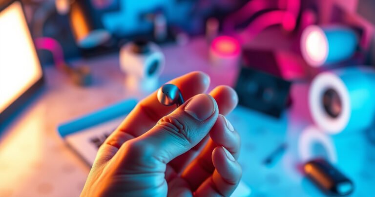 A close-up of sleek Sony earbuds on a vibrant, tech-inspired background, glowing softly to indicate power. Hands gently reaching for the earbuds, with stylish gadgets and a modern workspace in the blurred background, conveying a sense of innovation and simplicity in technology. Bright colors and dynamic lighting create an inviting atmosphere for tech enthusiasts.