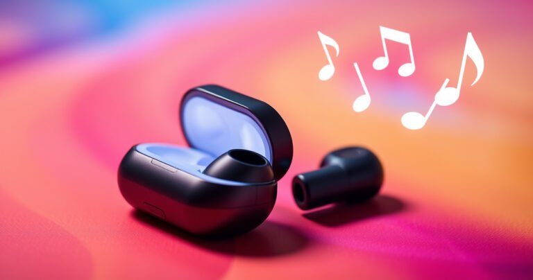 A close-up of sleek TWS earbuds resting on a vibrant, colorful background, surrounded by glowing sound waves. One earbud is partially opened, revealing a soft, illuminated inner surface. Nearby, playful musical notes float in the air, symbolizing connectivity and sound. The scene conveys a modern, tech-savvy vibe, inviting readers to explore the world of wireless audio.