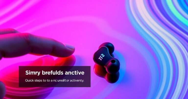 A close-up of sleek Tozo T12 earbuds resting on a vibrant, abstract background of swirling neon colors. The earbuds are glowing slightly, with dynamic light reflections that emphasize their modern design. Nearby, a hand is poised to touch the earbuds, symbolizing the ease of use, alongside a floating text overlay of quick steps to activate them.
