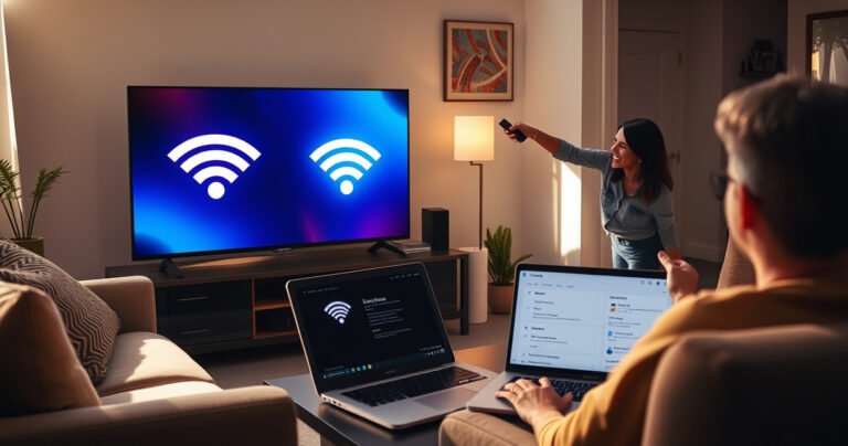 A cozy living room scene featuring a sleek LG Smart TV illuminated with a vibrant WiFi symbol on the screen, surrounded by a comfortable sofa and stylish decor. Sunlight streams through a nearby window, casting warm shadows. A person is joyfully interacting with the remote, with a laptop open on a coffee table, displaying internet settings.