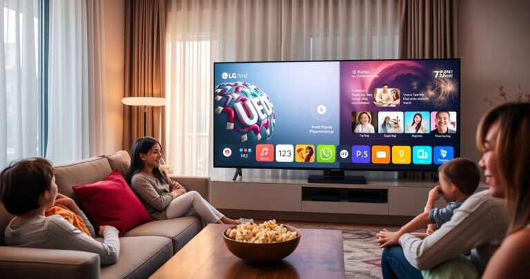 A sleek modern living room featuring a large LG TV displaying vibrant smart picture mode settings. Soft light filters through sheer curtains, illuminating a cozy sofa with colorful throw pillows. A family gathers around, engaged and smiling, with a bowl of popcorn on the coffee table, creating a warm and inviting atmosphere of togetherness and technology.