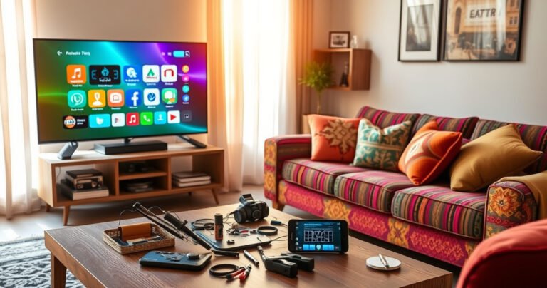 A cozy living room with a sleek smart TV displaying vibrant apps, a colorful sofa with cushions scattered, a coffee table cluttered with DIY tools and a smartphone showing a remote control app, warm sunlight streaming through the window, creating a welcoming atmosphere that invites readers to explore smart tech solutions.