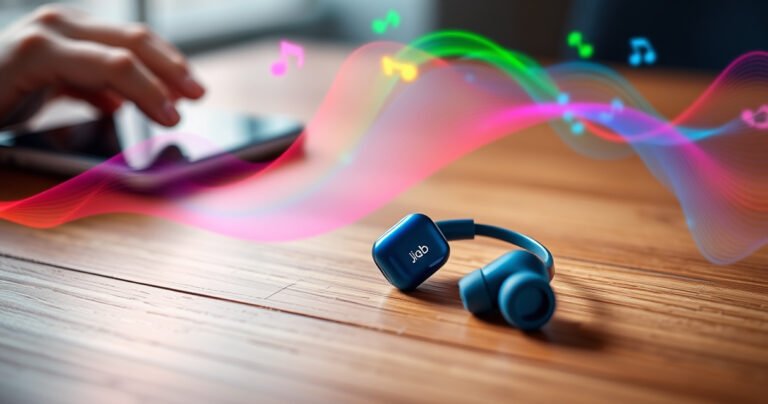 A close-up of vibrant JLab Go Air earbuds resting on a sleek wooden table, surrounded by colorful sound waves emanating in wispy patterns. Soft ambient light highlights the glossy finish of the earbuds, while a hand adjusts the volume on a smartphone nearby, symbolizing the seamless integration of technology and music.