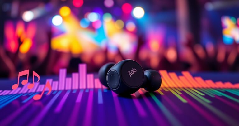 A vibrant close-up of sleek JLab Go Air earbuds resting on a colorful soundwave graphic, surrounded by playful musical notes and dynamic volume bars, illuminated by soft, ambient light. The background features blurred, energetic concert scenes, evoking the thrill of high volume and immersive sound experiences.