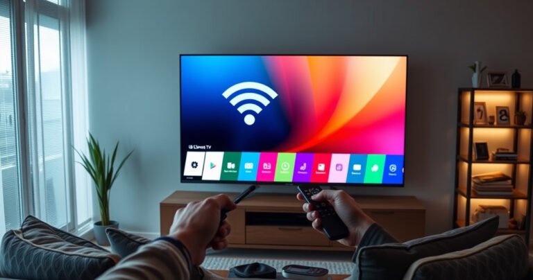 A sleek LG Smart TV in a modern living room, illuminated by soft ambient lighting, showcasing a vibrant on-screen interface with the WiFi symbol prominently displayed. A cozy couch and decorated shelves surround the TV, while a hand reaches towards a remote, symbolizing the ease of connecting to WiFi.
