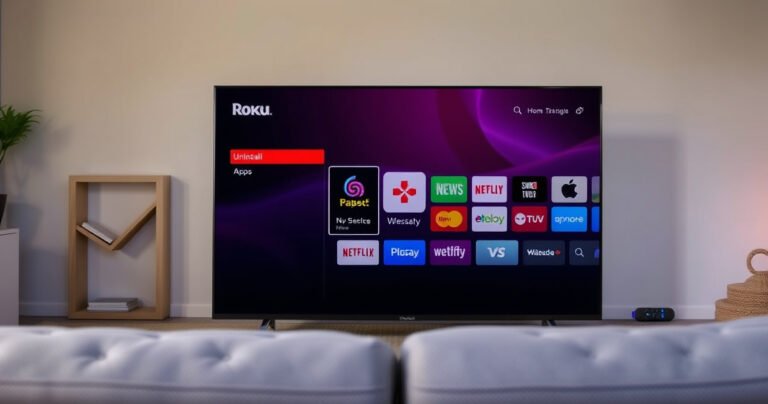 A sleek Roku Smart TV displaying a vibrant interface with a user selecting an app to uninstall, surrounded by colorful app icons and a subtle glowing remote control beside it, all set in a cozy living room with soft lighting and a plush couch, evoking a sense of ease and modern technology.