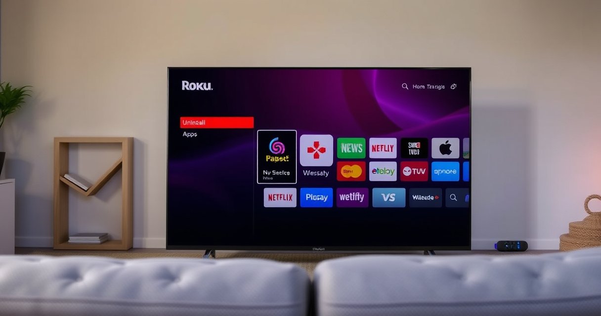 A sleek Roku Smart TV displaying a vibrant interface with a user selecting an app to uninstall, surrounded by colorful app icons and a subtle glowing remote control beside it, all set in a cozy living room with soft lighting and a plush couch, evoking a sense of ease and modern technology.