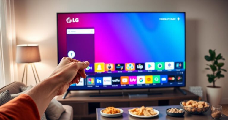 A sleek LG Smart TV screen displaying a cluttered home menu filled with colorful app icons, with a hand poised to select an app for uninstallation. The living room is cozy, with soft lighting, a stylish couch, and a coffee table adorned with snacks, creating a warm atmosphere of tech-savvy comfort.