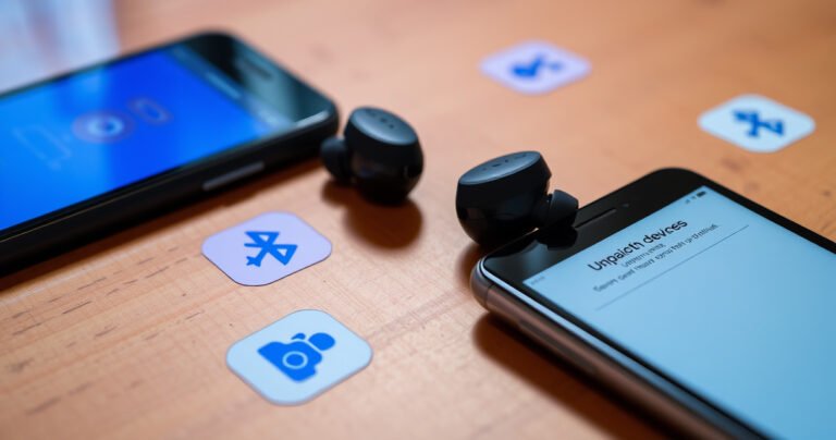A close-up of a pair of stylish wireless earbuds resting on a vibrant wooden table, surrounded by scattered colorful illustrations of Bluetooth symbols and step-by-step icons. Soft, ambient light casts gentle shadows, highlighting the sleek design of the earbuds, while a smartphone displays a user-friendly interface for unpairing devices.
