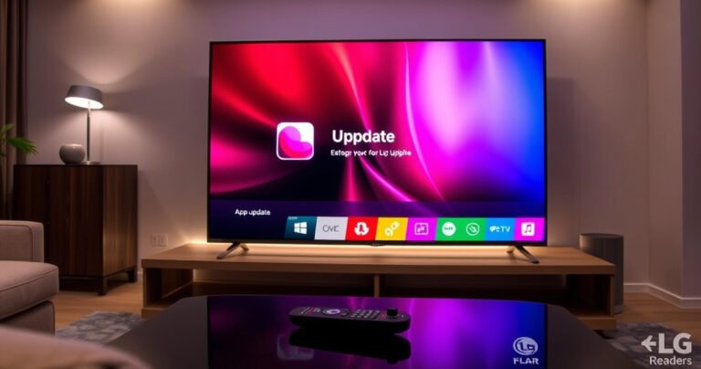 A sleek LG Smart TV displaying a vibrant app update screen, surrounded by colorful app icons and a modern living room setting. Soft ambient lighting enhances the technology, while a user-friendly remote lies on a stylish coffee table. The atmosphere suggests comfort and innovation, inviting readers to explore the seamless process of updating their apps.