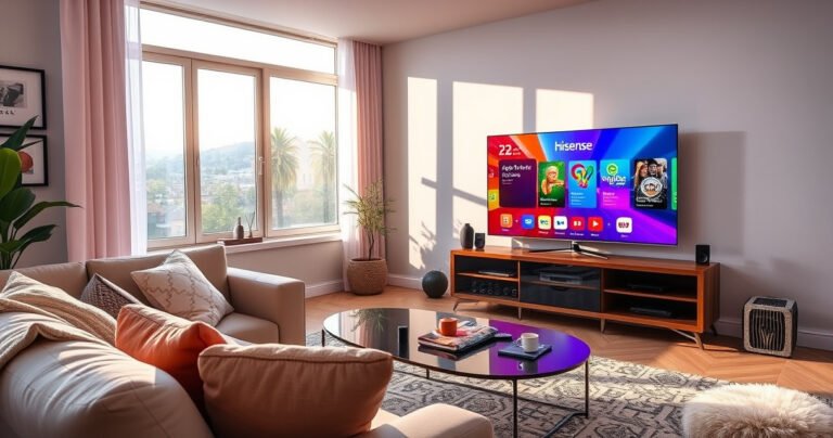 A vibrant, modern living room featuring a sleek Hisense Smart TV displaying a colorful app update screen. Soft, ambient lighting highlights a cozy couch adorned with plush cushions, while a stylish coffee table holds a remote and snacks. Eye-catching tech gadgets are scattered, and a window shows a sunny day outside, inviting relaxation and entertainment.
