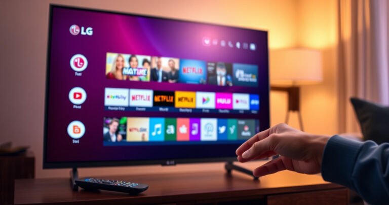 A sleek LG Smart TV displaying a vibrant app interface, with colorful icons representing popular streaming services like Netflix and Hulu. A remote control rests nearby, glowing softly, while a hand hovers above it, symbolizing the act of updating. The background features a cozy living room setting, illuminated by warm, inviting light.