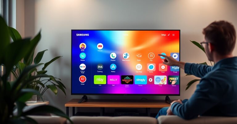 A sleek Samsung Smart TV displaying a vibrant, user-friendly interface filled with colorful app icons, set in a modern living room. Soft ambient lighting highlights the TV screen, while a person gestures towards the display, showcasing an engaging step-by-step guide. Lush houseplants and a cozy couch frame the scene, inviting viewers into a tech-savvy environment.