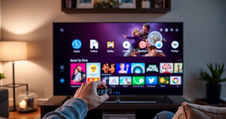 A sleek Samsung Smart TV displaying a vibrant app store interface, surrounded by a cozy living room setting. A pair of hands gently tapping the remote control, colorful app icons glowing on the screen, while a family enjoys the scene in the background, soft lighting creating a welcoming atmosphere.