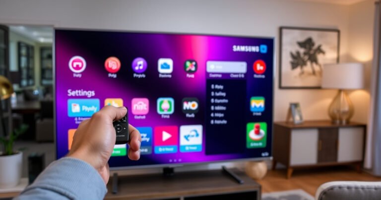 A sleek Samsung Smart TV displays a vibrant home screen filled with colorful app icons, while a hand, poised above the remote, hovers near a settings menu. A backdrop of modern living room decor enhances the scene, showcasing contemporary furniture and soft ambient lighting, emphasizing a tech-savvy, connected lifestyle.