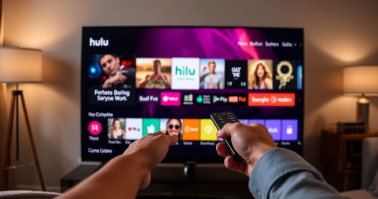A sleek LG Smart TV displaying the vibrant Hulu app interface, surrounded by colorful streaming icons. A user-focused hand is poised to click the remote, set against a cozy living room backdrop with soft lighting and a stylish sofa, hinting at a cinematic experience. The atmosphere conveys excitement and anticipation for a seamless update.