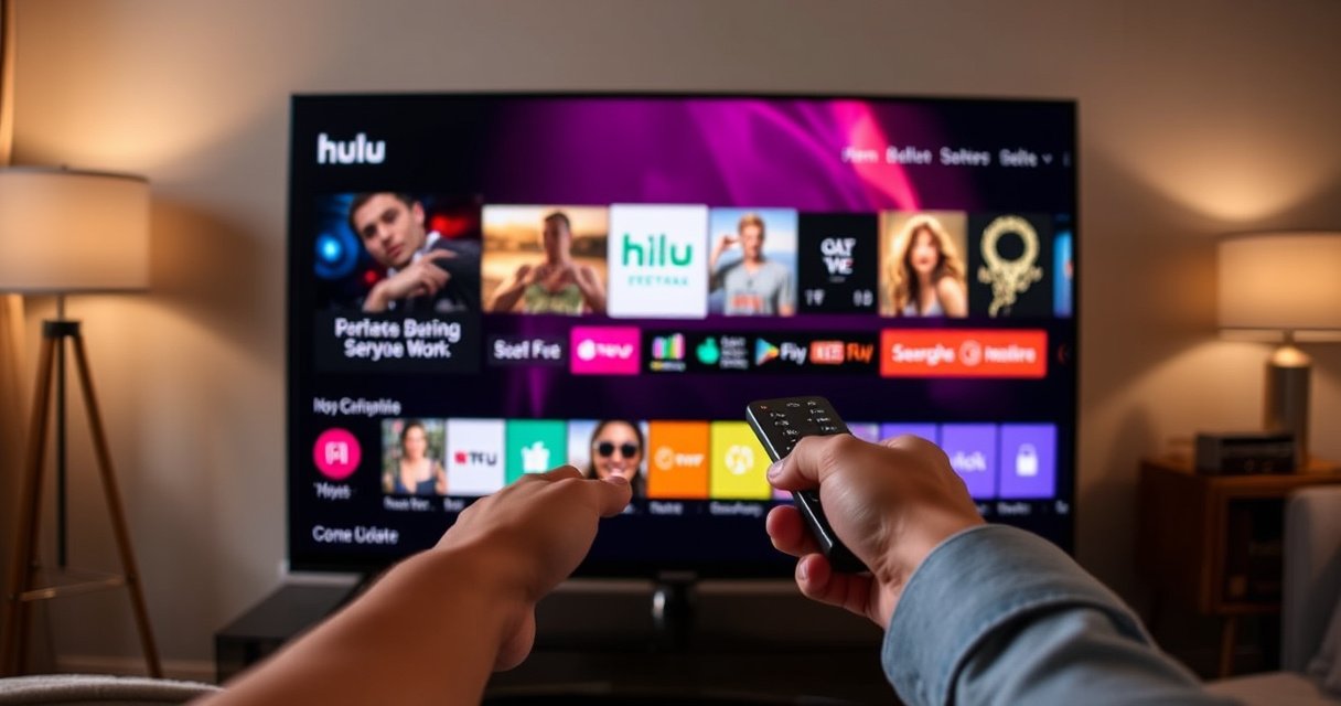 A sleek LG Smart TV displaying the vibrant Hulu app interface, surrounded by colorful streaming icons. A user-focused hand is poised to click the remote, set against a cozy living room backdrop with soft lighting and a stylish sofa, hinting at a cinematic experience. The atmosphere conveys excitement and anticipation for a seamless update.
