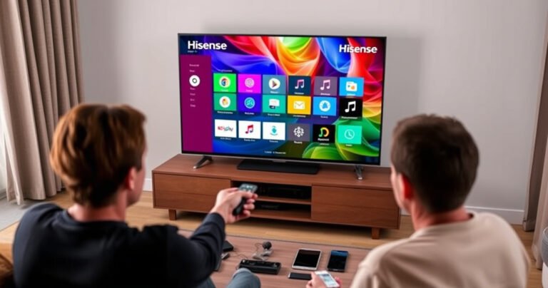 A sleek Hisense Smart TV displaying a vibrant, user-friendly interface with colorful app icons, surrounded by modern living room decor. Soft lighting highlights a cozy couch and a stylish coffee table with tech gadgets, while a person attentively manipulates the remote, showcasing a sense of innovation and excitement in home technology.