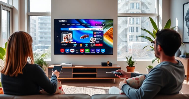 A sleek modern living room featuring a Samsung Smart TV displaying a vibrant web browser interface, a user navigating with a remote control, sunlight streaming through large windows, colorful cushions on a stylish couch, and a cozy ambiance enhanced by potted plants and contemporary decor, conveying a sense of digital connectivity and home comfort.
