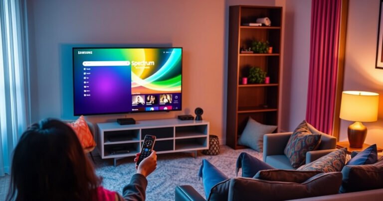 A vibrant living room scene featuring a sleek Samsung Smart TV displaying the Spectrum app interface, with a person happily using a remote control. The room is cozy, adorned with modern furniture, colorful cushions, and a warm glow from a nearby lamp, creating an inviting atmosphere that emphasizes technology and comfort.