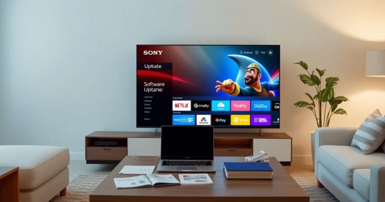 A sleek Sony Smart TV displayed prominently in a modern living room, showcasing an intuitive software update screen. Bright, colorful icons represent various streaming apps, with a stylish coffee table adorned with a laptop and user-friendly manuals. Soft ambient lighting highlights the contemporary decor, creating an inviting atmosphere for tech-savvy viewers eager to upgrade their devices.