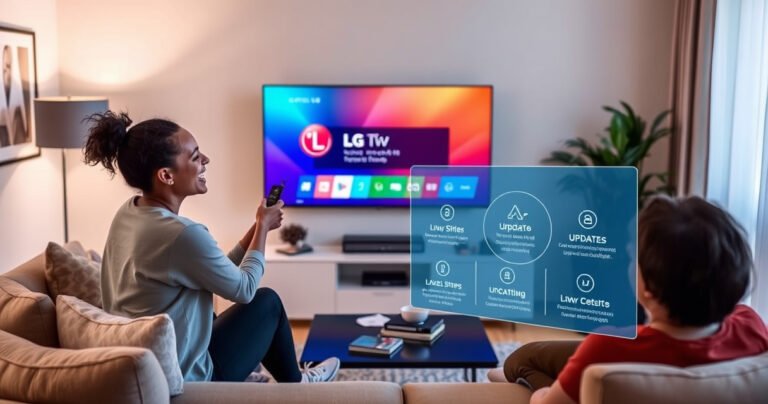 A sleek, modern living room featuring a vibrant LG Smart TV displaying a colorful update screen, surrounded by cozy furniture and soft lighting. A person joyfully interacts with a remote, while a digital infographic illustrating update steps hovers beside the TV, blending technology and comfort in a warm, inviting atmosphere.