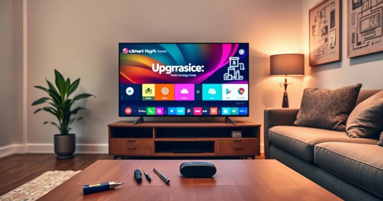 A modern living room featuring a sleek LG Smart TV displaying a colorful upgrade interface, tools like a screwdriver and USB drive scattered on a stylish coffee table, cozy couch with plush pillows, warm ambient lighting, and a wall adorned with tech-related art, creating an inviting atmosphere for tech enthusiasts and home improvers.