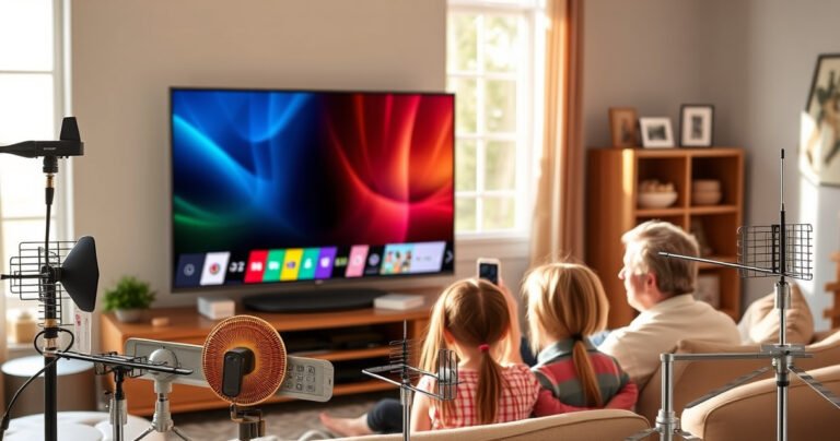 A sleek LG Smart TV displaying vibrant, clear channels, surrounded by an array of antennas in various styles—modern, vintage, and unique designs. A cozy living room setting with a family gathered around, eagerly watching their favorite show, sunlight streaming through the window, casting warm glows on the colorful decor.