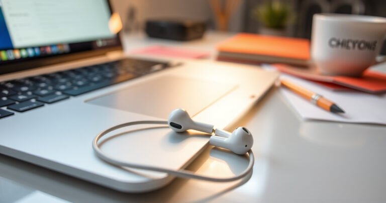 A close-up of a pair of Apple earbuds resting on a sleek, modern desk, surrounded by a glowing laptop, vibrant notes, and a cup of steaming coffee. The earbuds' white cables elegantly drape, highlighting the connection to the tech world, while a soft light casts an inviting atmosphere for productivity and creativity.