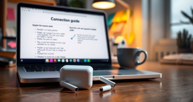 A sleek pair of white Apple Earbuds resting on a wooden desk, surrounded by a glowing laptop screen displaying a detailed connection guide. In the background, a cozy workspace with warm lighting, colorful sticky notes, and a steaming coffee mug, creating an inviting atmosphere for tech enthusiasts.