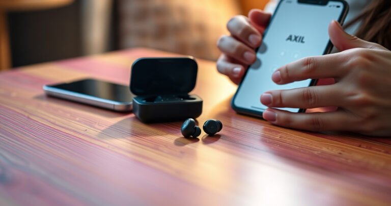 A close-up of sleek Axil earbuds resting on a vibrant wooden table, surrounded by a smartphone displaying the pairing screen, with a pair of hands demonstrating the touch controls. A soft, ambient light casts gentle shadows, highlighting the modern design and textures, while a blurred background hints at a cozy, tech-savvy environment.