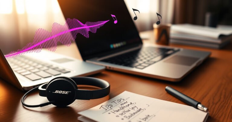 A stylish desk setup featuring sleek Bose earphones beside a modern laptop, with vibrant soundwave graphics emanating from the earphones, hints of musical notes floating in the air, and a notepad with handwritten tips on earphone controls, all bathed in warm, inviting light that conveys a sense of tech-savvy elegance.