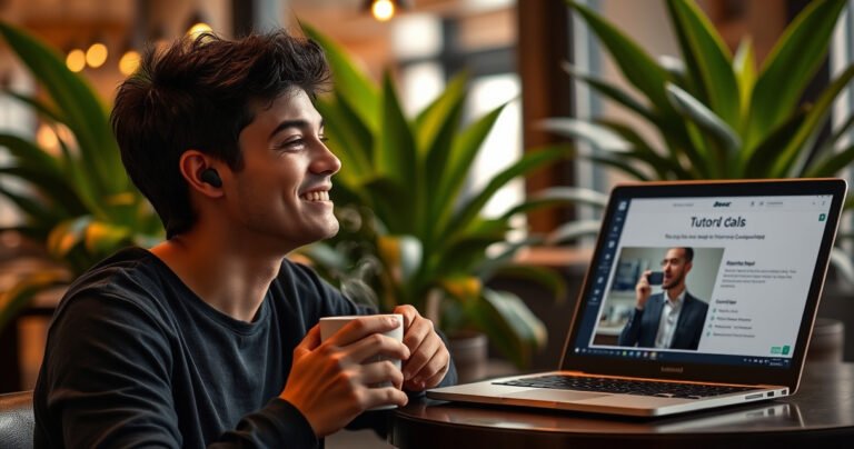 A serene coffee shop scene featuring a person blissfully enjoying Bose QuietComfort Earbuds 2, surrounded by soft ambient lighting, wisps of steam rising from a coffee cup, and an open laptop displaying a tutorial. Vibrant green plants in the background add freshness, while a cozy atmosphere invites focus and tranquility.