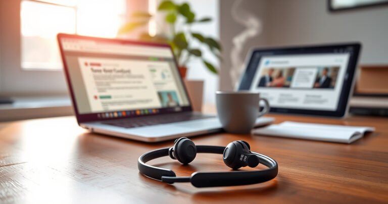 A serene workspace featuring a pair of sleek Bose QuietComfort earbuds resting on a stylish wooden desk. Soft morning light filters through a nearby window, illuminating a laptop with an open tutorial, a steaming cup of coffee, and a cozy plant in the background, creating a sense of calm and focus for tech enthusiasts.
