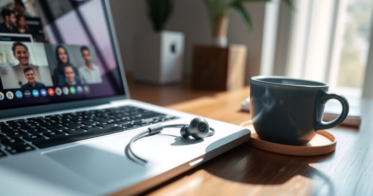A close-up of sleek, modern earbuds resting on a wooden desk, surrounded by a laptop showing a Zoom call interface. Soft sunlight streams through a nearby window, casting gentle shadows, while a notepad and cup of coffee sit nearby, creating a cozy, tech-savvy workspace atmosphere perfect for online communication.