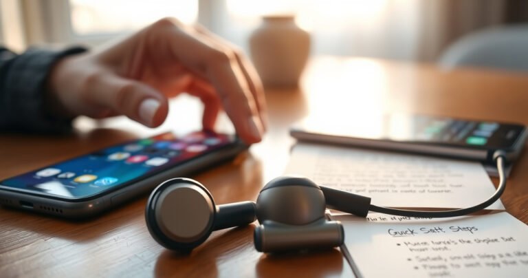 A close-up of sleek, modern earphones lying on a polished wooden table, with an iPhone displaying vibrant app icons in the background. Soft morning light filters through a window, creating a warm glow. A hand reaches towards the earphones, emphasizing functionality, while a notepad with quick setup steps is partially visible.