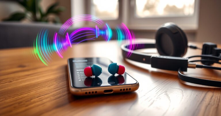 A close-up of vibrant Skullcandy wireless earbuds resting on a sleek wooden table, surrounded by an open smartphone displaying the Bluetooth settings. Bright, colorful soundwaves swirl around the earbuds, emphasizing wireless connectivity, while a pair of stylish headphones lies nearby. Soft natural light filters through a window, creating a warm, inviting atmosphere.