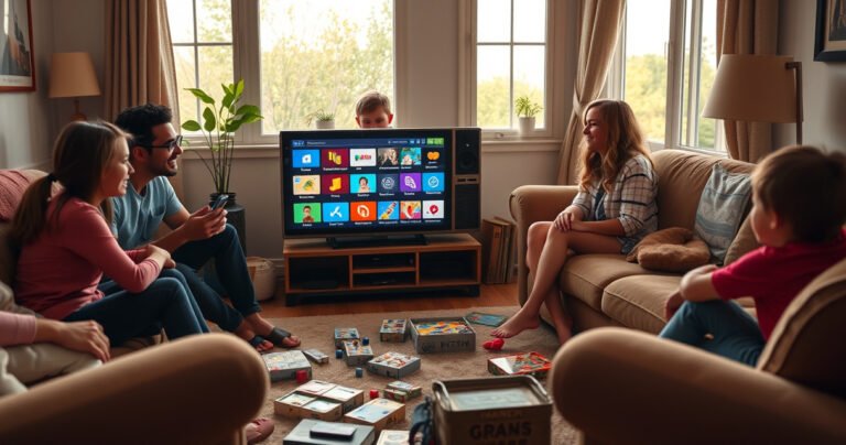 A cozy living room with a vintage smart TV displaying colorful offline apps, surrounded by plush furniture and warm lighting, a family gathered together, laughing and enjoying games, board games scattered on the floor, a window showing a sunny day outside, emphasizing connection and fun without the internet.