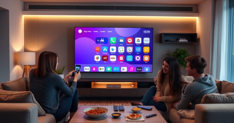 A sleek modern living room featuring a large smart TV displaying vibrant app icons, a person interacting with the TV using a smartphone, cozy furniture, warm ambient lighting, and a coffee table with remote controls and snacks, all conveying a sense of connectivity and innovation as family members gather around, excited to explore technology together.