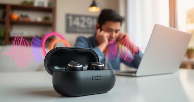 A close-up of sleek Tozo earbuds nestled in a stylish charging case, surrounded by vibrant sound waves illustrated in colorful swirls. In the background, a modern workspace with a laptop and a cozy atmosphere, highlighting a user setting up the earbuds with a focused expression, blending technology and lifestyle seamlessly.
