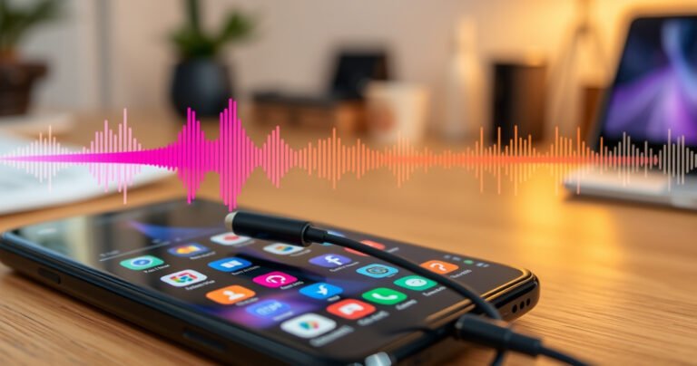 A close-up view of sleek USB-C earphones plugged into a modern Android smartphone, surrounded by vibrant soundwave graphics and colorful app icons. The background features a softly blurred workspace with a cozy atmosphere, illuminated by warm light, highlighting the seamless blend of technology and everyday life.