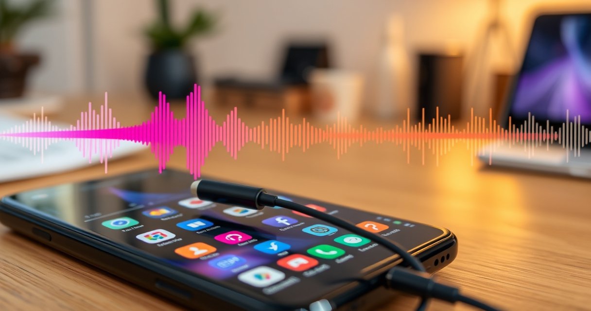 A close-up view of sleek USB-C earphones plugged into a modern Android smartphone, surrounded by vibrant soundwave graphics and colorful app icons. The background features a softly blurred workspace with a cozy atmosphere, illuminated by warm light, highlighting the seamless blend of technology and everyday life.